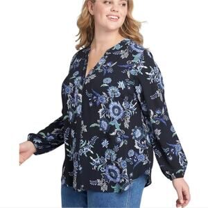 Lane‎ Bryant Notched-Neck Button-Front Black And Blue Blouse Plus Size 2X